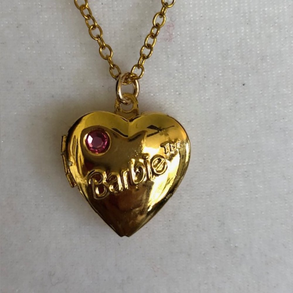 AVON Barbie Heart Locket Gold Tone 18" Chain IOB Vintage RARE